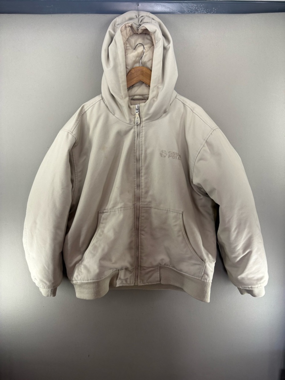 Vintage Southpole Men Jacket Hooded Bomber Work Size XL Beige Retro